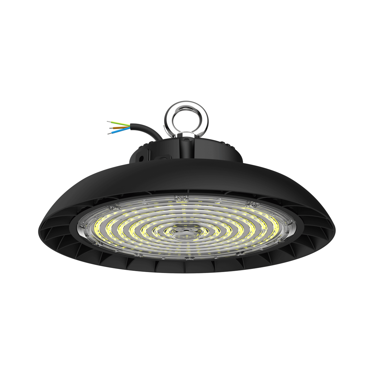 A high-bay industrial LED light fixture with a black dome-shaped housing, a central mounting ring, and a wiring harness with exposed yellow, green, and blue wires, shown against a solid white background.
