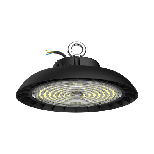 A high-bay industrial LED light fixture with a black dome-shaped housing, a central mounting ring, and a wiring harness with exposed yellow, green, and blue wires, shown against a solid white background.