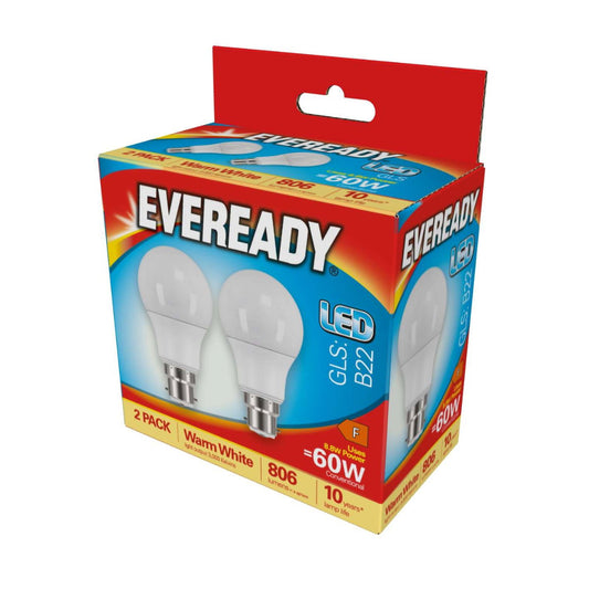 Eveready LED GLS | B22 | 8.8W | 806lm | Warm White 3000K | Pack of 2