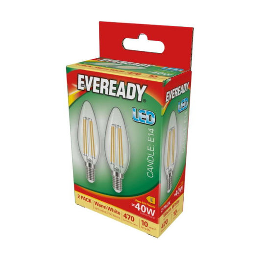 Eveready LED Filament Candle | E14 | 4W | 470lm | Warm White 2700K | Pack of 2