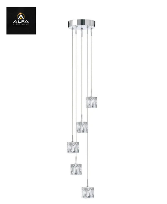Searchlight Ice Cube | 5 Light LED | Glass & Chrome Multi Drop Pendant Light - CLEARANCE