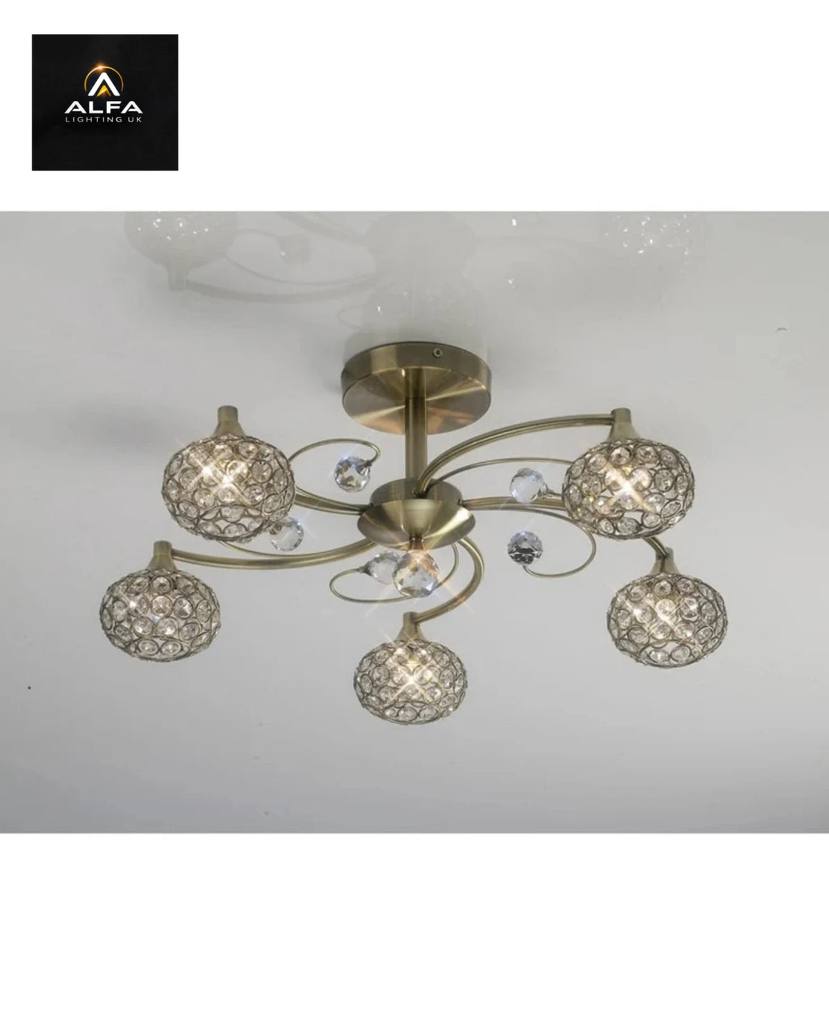 Diyas | IL30945 | Cara | 5 light | Semi-Flush Ceiling Light | Antique Brass/crystal - CLEARANCE